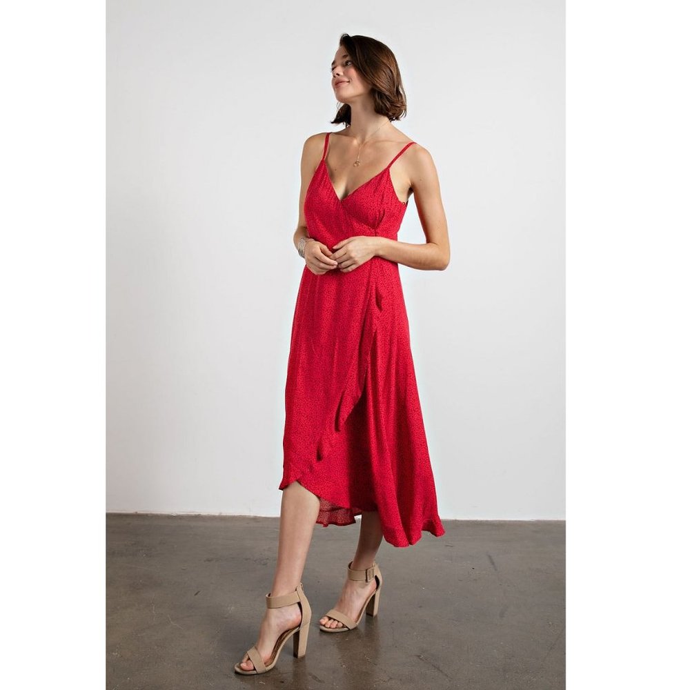 Spaghetti Strap Wrap Dress Adjustable Strap Ruffle Hem Maxi - Raspberry Red - Picture 4 of 11